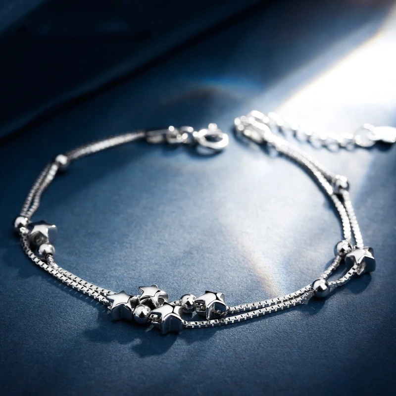 Double Layers Stars Bracelet Bangle For Women Copper Extended Link Chain White Gold Color Summer Jewelry Gift | Украшения и