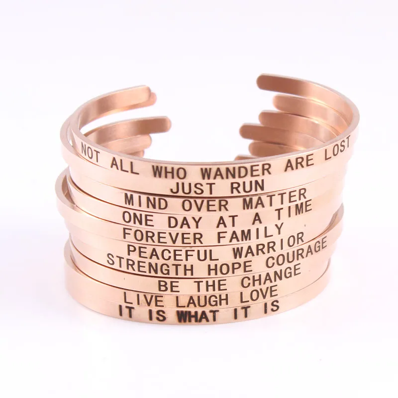 

Rosegold 316L Stainless Steel Engraved Just Run Positive Inspirational Quote Cuff Mantra Bracelet Bangle For Women