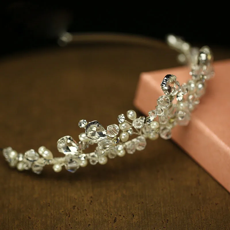 

SLBRIDAL Handmade Top quality Rhinestones Bridal Tiara Crown Wedding Headband Wired Pearls Crystal Women Headpieces Headdress