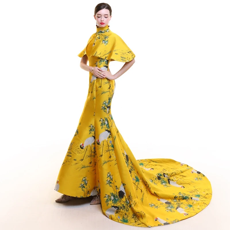 Chinese Compere Traditional Dress Yellow Cheongsams Short Sleeve Qipao show clothes Mujere Vestido Evening emcee Dresses
Chinese Compere Traditional Dress Yellow Cheongsams Short Sleeve Qipao show clothes Mujere Vestido Evening emcee Dresses