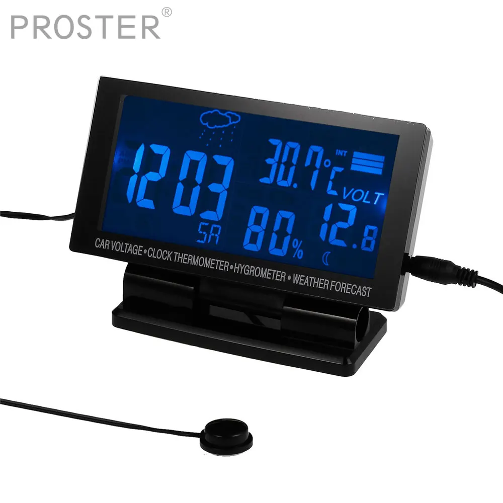 Фото Proster 12V большой ЖК цифровой автомобильный термометр гигрометр 4в1 для автомобиля