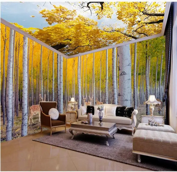 3D-обои желтые кленовые листья оспа облака общая комната фон современное