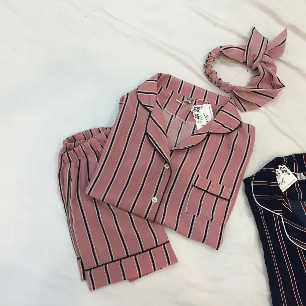 

KISBINI Summer Women Pajamas Set Imitation Silk Stripe Short Sleeve Shirt+Shorts Handband 3PC Nightwear Women's Homewear Pyjamas