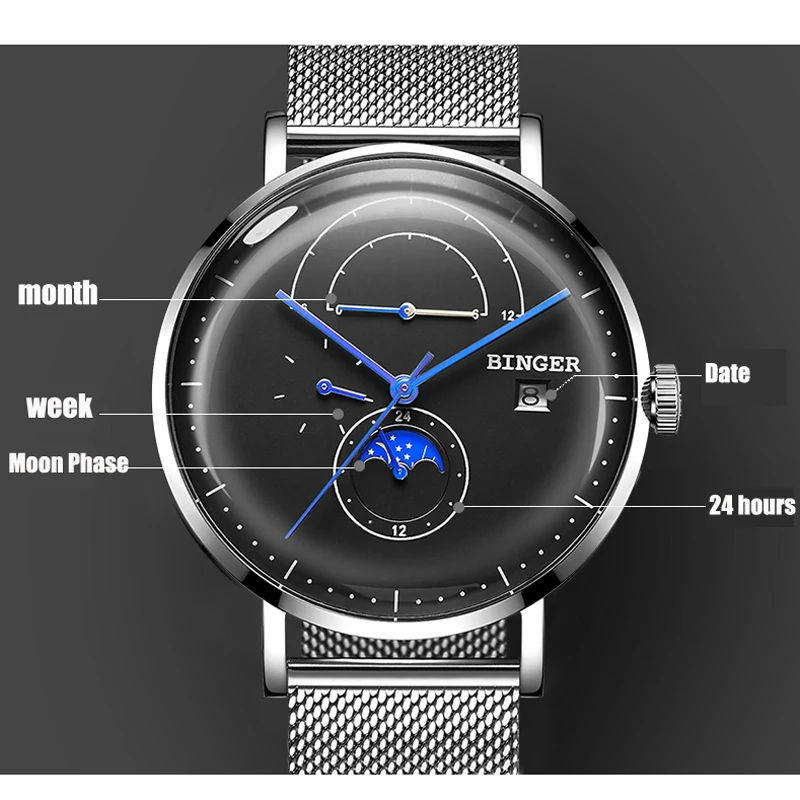 

Switzerland BINGER Men's Watches Top Brand Luxury Automatic Mechanical Men Watch Sapphire Curved dial Male reloj hombre 2019 New