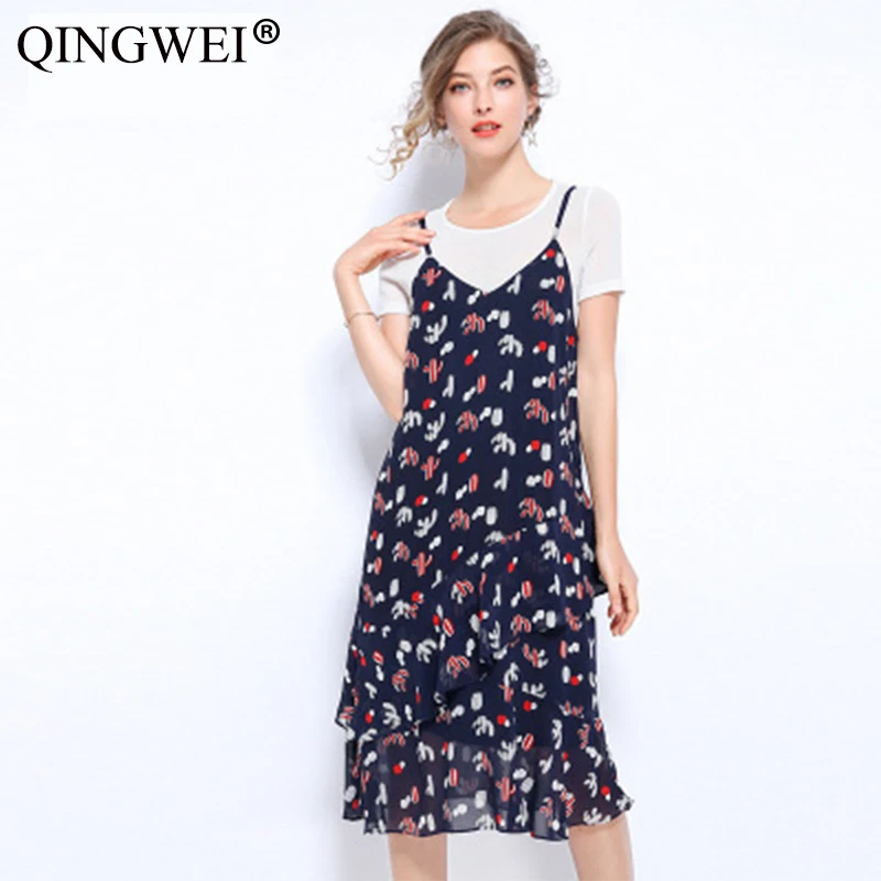 2019 T-shirt large size women's summer new chiffon printing strap set dress female L-5XL
2019 T-shirt large size women's summer new chiffon printing strap set dress female L-5XL