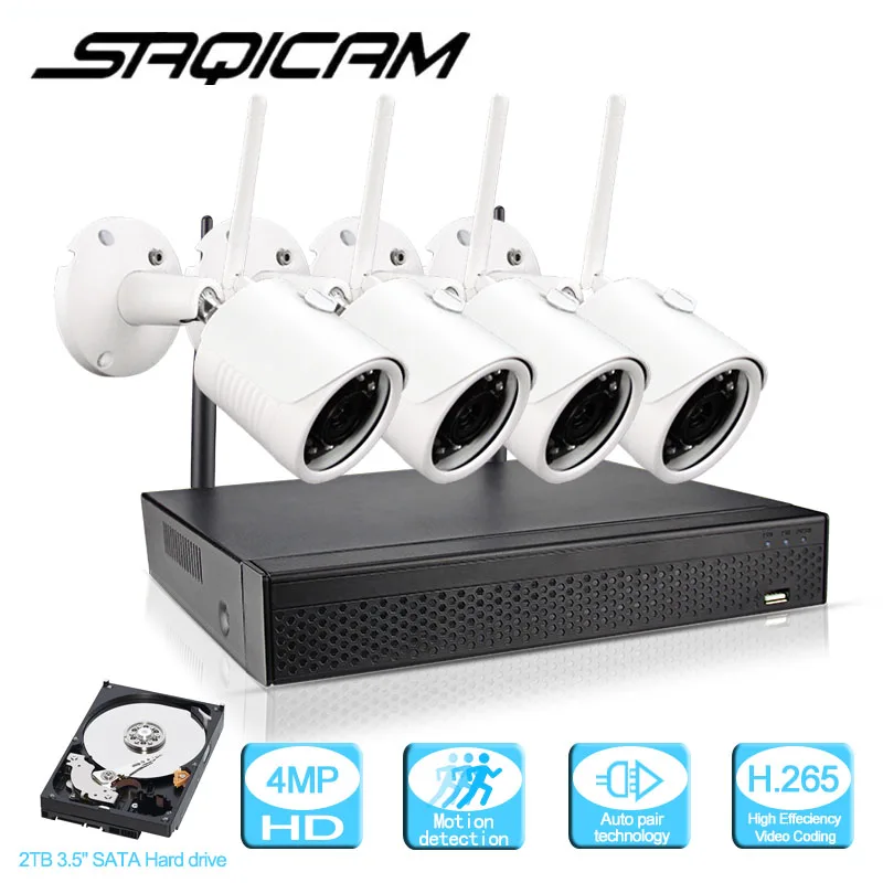 Saqicam 4CH 1440P Беспроводная охранная система видеонаблюдения WiFi NVR комплект 4 шт 4MP