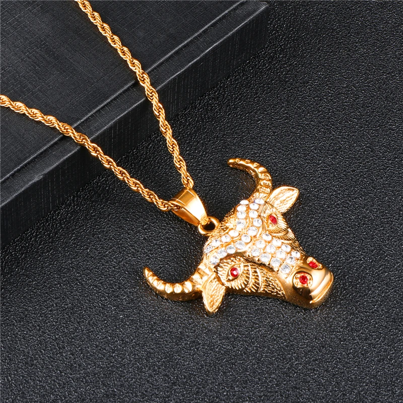 Ожерелье Стразы в стиле хип-хоп с микрозакрепкой Головы Быка ожерелье золотого