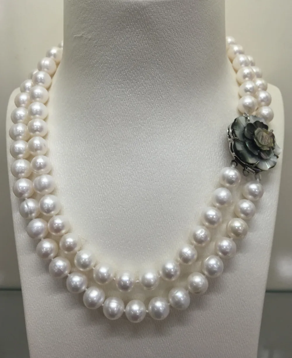 

2 row 8-9MM AKOYA REAL WHITE PEARL NECKLACE FLOWER Clasp Free shipping