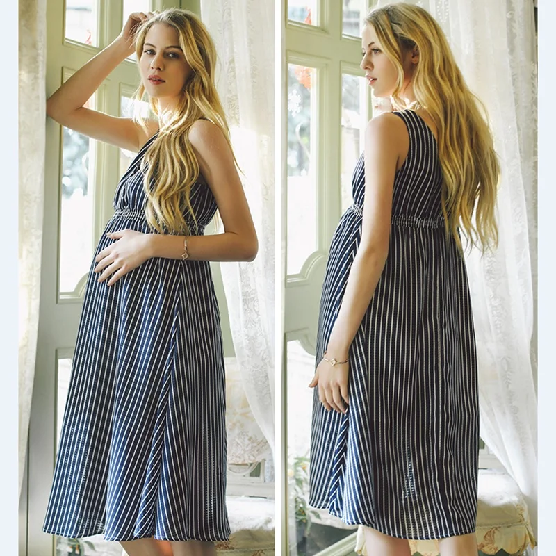 Фото Длинное платье для беременных свободное пляжное макси-платье в полоску без