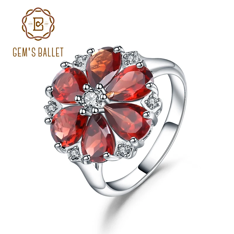 

GEM'S BALLET 5.05Ct Natural Red Garnet Cocktail Ring 925 Sterling Silver Gemstone Vintage Flower Rings For Women Fine Jewelry