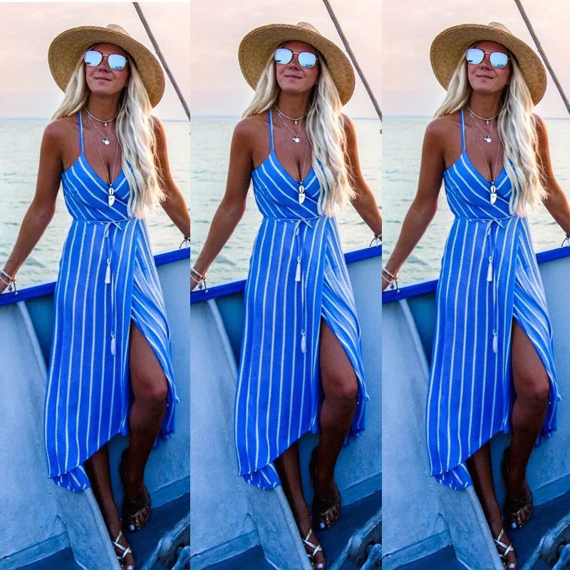 Ladies Striped Dress Sleeveless V Neck Women Summer Dress Lace Up High Waist Split Dress Women Casual Loose Party Sundress
Ladies Striped Dress Sleeveless V Neck Women Summer Dress Lace Up High Waist Split Dress Women Casual Loose Party Sundress