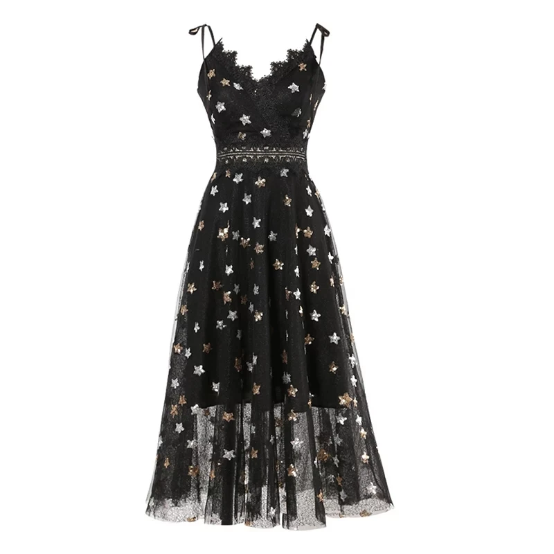 PERHAPS U Lace Up Strap Mesh Bling Sequined Star Sleeveless Black Champagne Women Midi Dress V Neck Mid-calf Fit And Flare D0910
PERHAPS U Lace Up Strap Mesh Bling Sequined Star Sleeveless Black Champagne Women Midi Dress V Neck Mid-calf Fit And Flare D0910