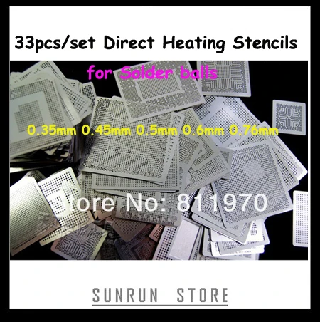 33pcs Direct Heating Stencil Templates BGA Small Repairing Stencil Plates For Reballing Solder Balls 0.35/ 0.45/0.5/0.6/0.76mm
33pcs Direct Heating Stencil Templates BGA Small Repairing Stencil Plates For Reballing Solder Balls 0.35/ 0.45/0.5/0.6/0.76mm