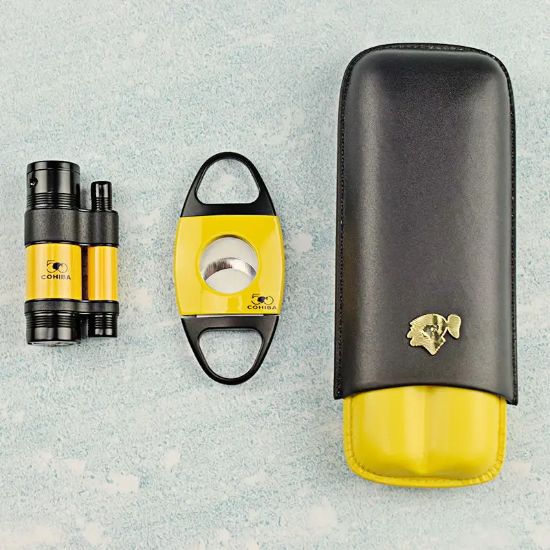 Good Quality COHIBA Leather 2 Tube Travel Cigar Case Humidor & Cigar Cutter and Lighter 3 TORCH JET FLAME Cigar Set
Good Quality COHIBA Leather 2 Tube Travel Cigar Case Humidor & Cigar Cutter and Lighter 3 TORCH JET FLAME Cigar Set