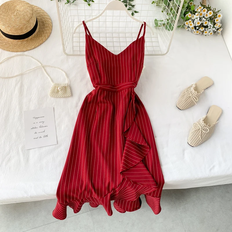 2019 new fashion women's dresses French V-neck high waist striped dress female sweet lotus leaf