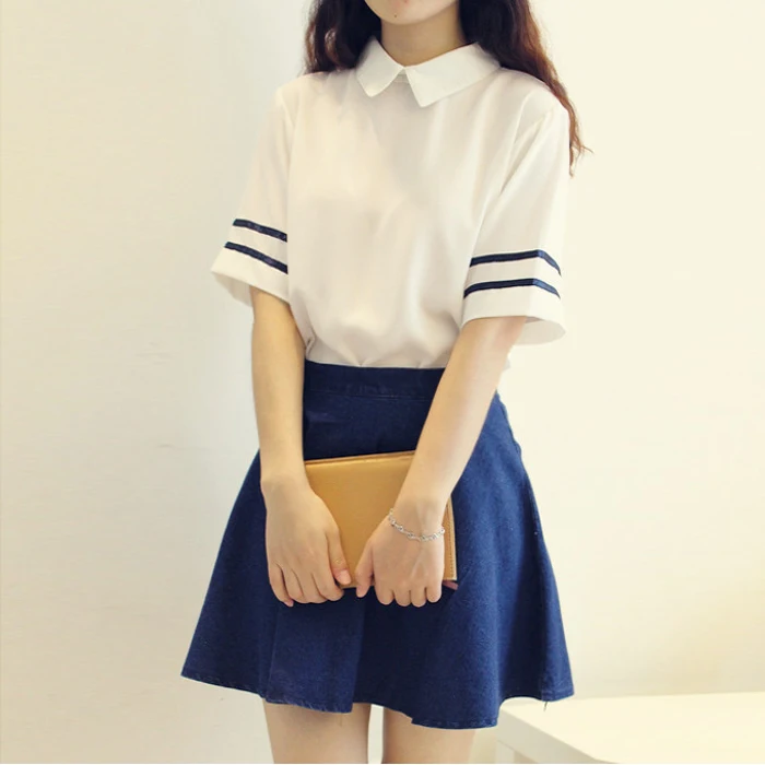 Beautiful Girl navy sailor suit school uniform set White shirt +Denim Blue skirt
Beautiful Girl navy sailor suit school uniform set White shirt +Denim Blue skirt