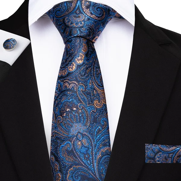 

2019 DiBanGu Luxury Blue Yellow Floral Tie 100% Silk Necktie Hanky Cufflinks Tie for Men Business Wedding Party Tie Set MJ-7108