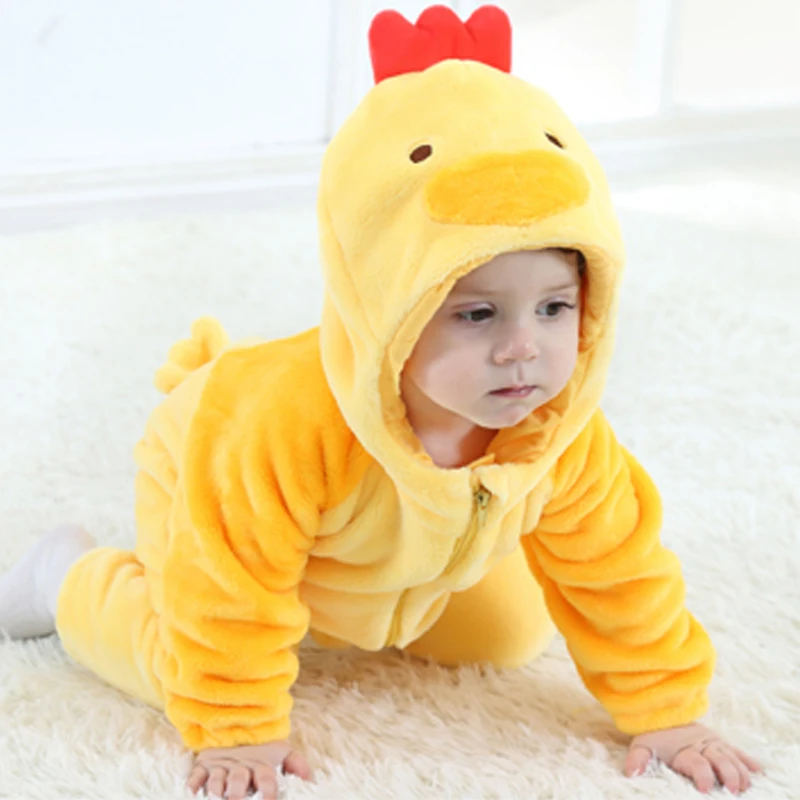 Spring Autumn Chickens Flannel Romper for 0-3Y Baby Boy Girl Long Sleeve Children Climbing Clothes Yellow Hooded Infant Jumpsuit | Мать и