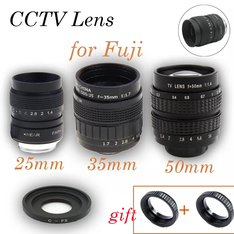 Фото Фуцзянь 3в1 25 мм F1.4 35 f1.7 50 кино CCTV объектив C FX кольцо Набор для Fuji Fujifilm X E2 E1 Pro1 M1 A2 A1
