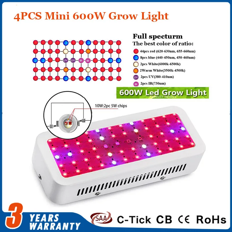 Led grow light full spectrum 600 Вт мин двойные чипы led растет свет красный/синий/белый/uv/ir для
