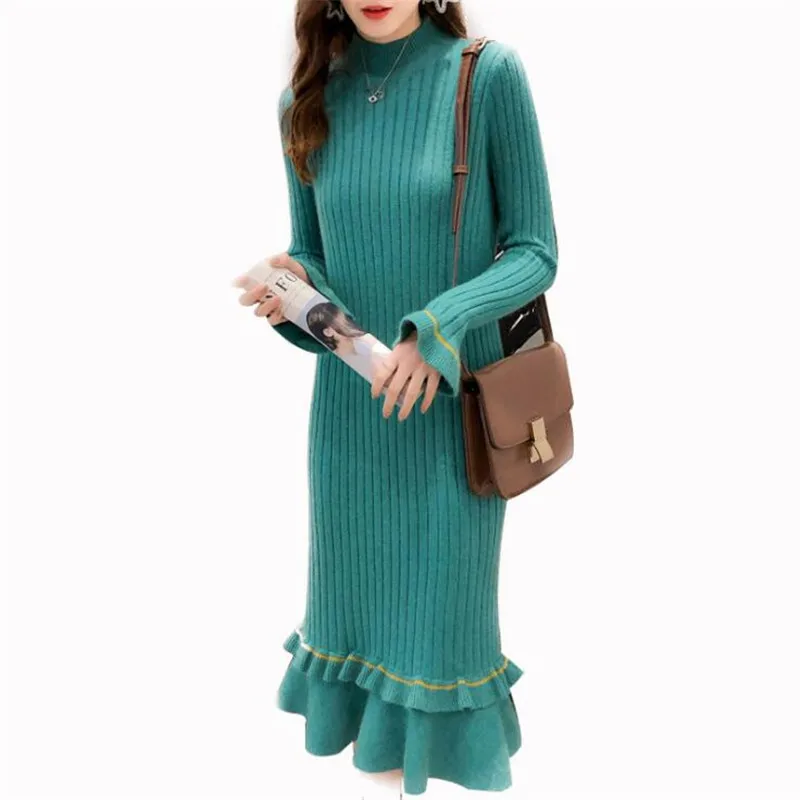 Spring Women Sweater Dress Turtleneck Flare Sleeve Long Ruffle Knitted Dress Female Elastic Warm Vestidos Elegant
Spring Women Sweater Dress Turtleneck Flare Sleeve Long Ruffle Knitted Dress Female Elastic Warm Vestidos Elegant