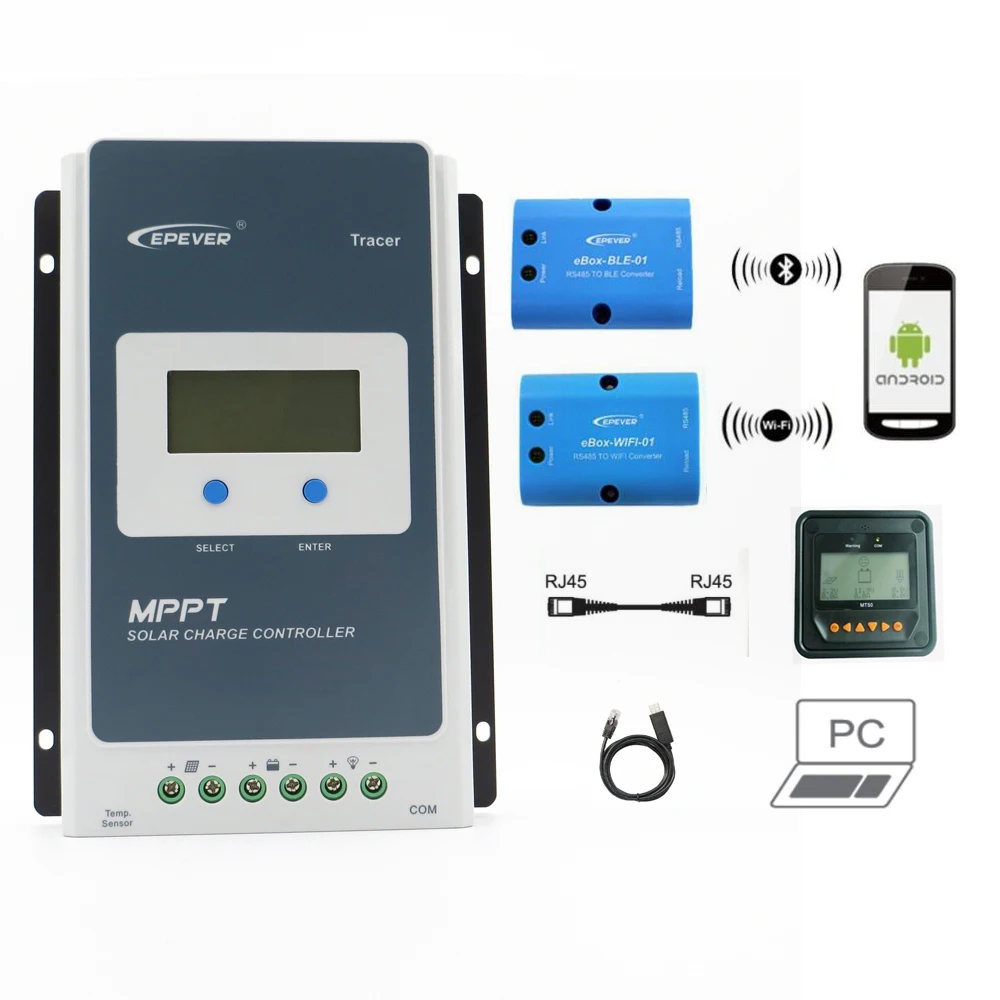 Tracer 1210A MPPT Solar Controller 10A 12V 24V with Optional Communication Cable Temperature Sensor MT50 Display Box-WIFI
Tracer 1210A MPPT Solar Controller 10A 12V 24V with Optional Communication Cable Temperature Sensor MT50 Display Box-WIFI