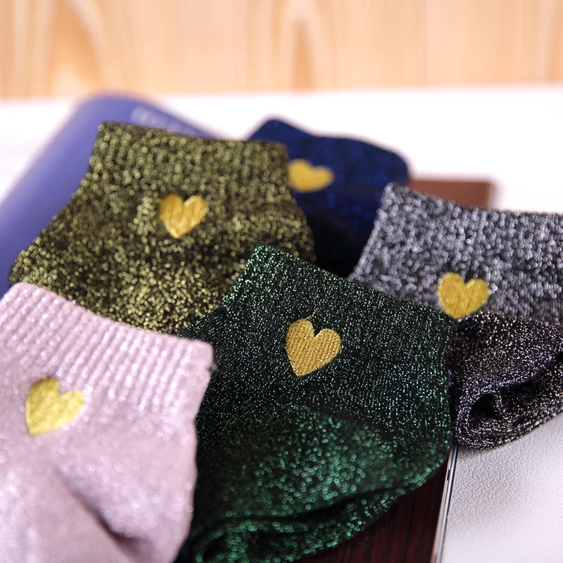 

Embroidery Gold Heart Love Glitter Socks Women Fashionable Silver Gold Silk Colorful Shining Sock Size 35-40