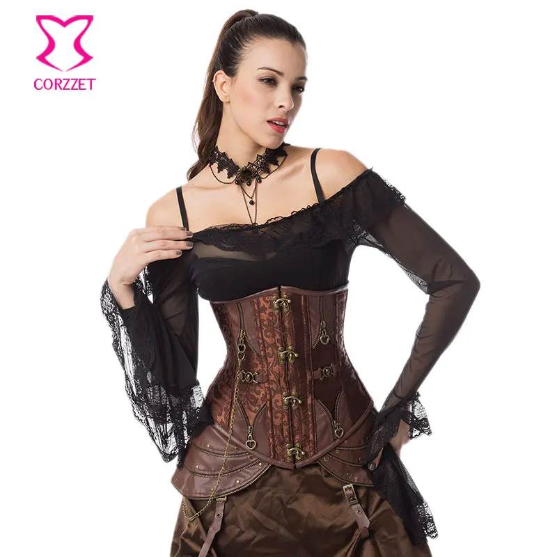 

Brown Steel Boned Underbust Corset Plus Size 6XL Corsets And Bustiers Steampunk Clothing Women Korset Sexy Burlesque Costumes