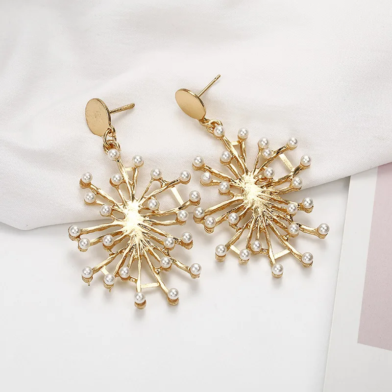 Bohemian Style Pearl Earrings New Korean Version Of Snowflake Metal Pendant Women's Elegant Charm Jewelry | Украшения и