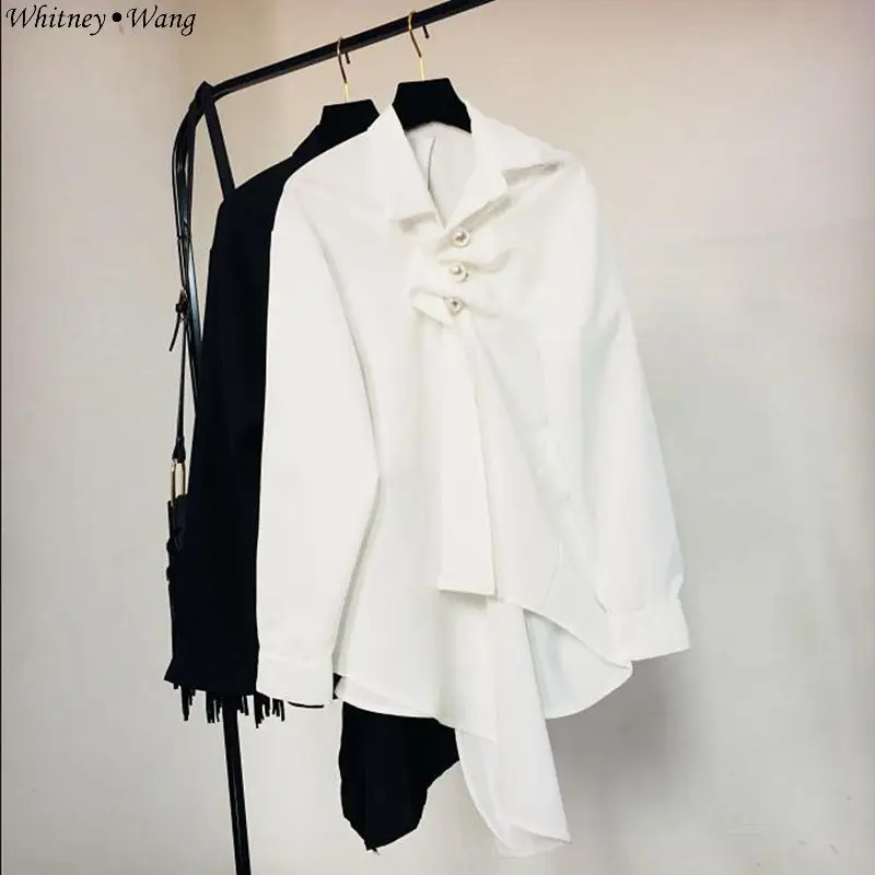 WHITNEY Ван 2018 осень зима модная уличная Большой жемчуг Ruched Асимметричный блузка для