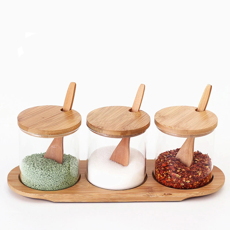 

Kitchenware Spice Rack Seasoning Box Glass Three Piece Suit Household Combination Bamboo Tray Salt and Pepper Spice Jar