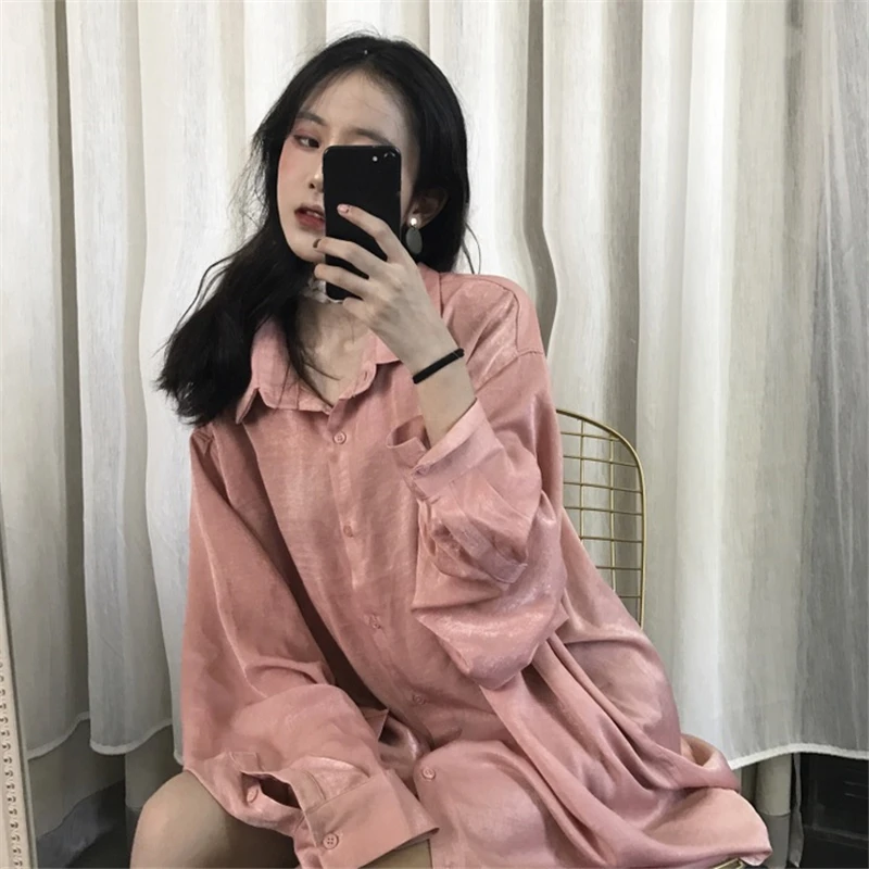 Rugod Korean Sweet Pink Silk Dress 2019 Women Autumn Turn-down Collar Long Sleeve Female Casual Shirt Vestidos | Женская одежда