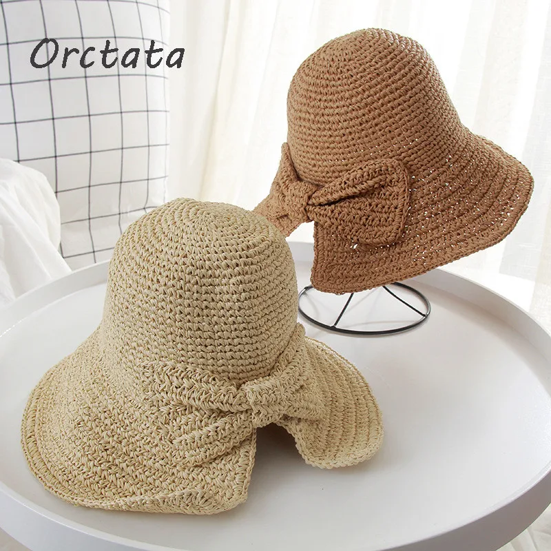 

Summer Women Bowknot Straw Sun Hat Fashion Fine Braid Handmade Fedora Beach Ladies Wide Brim Visors Hat Womens Summer Caps