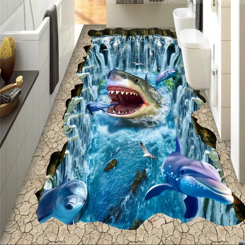 

beibehang High quality custom wallpaper floor shark dolphin waterfall 3D three-dimensional painting PVC self-adhesive wallpaper