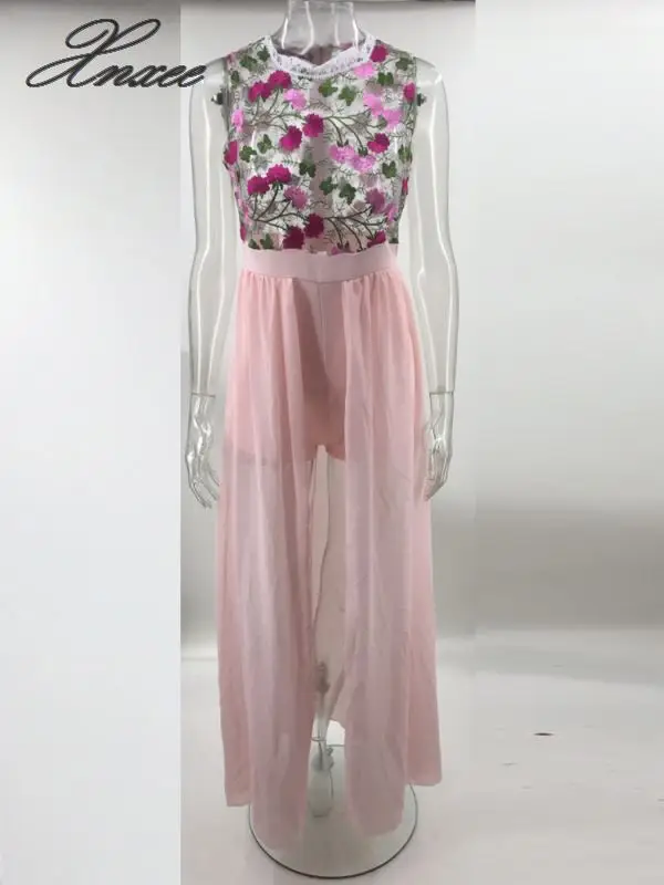 2020 Sleeveless mesh gauze embroidered waist elastic dress