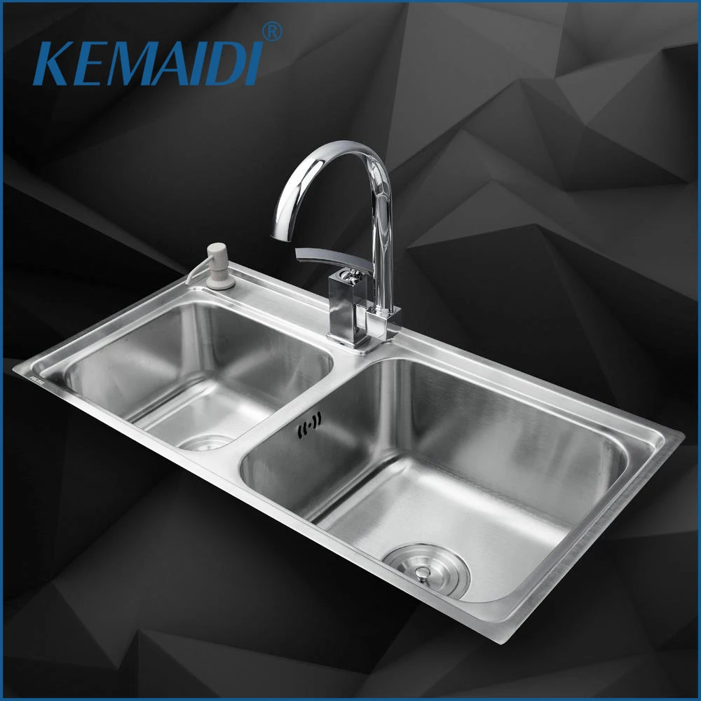 

KEMAIDI Kitchen Stainless Steel Sink Vessel Kitchen Double Bowl Bathroom Mixer + Swivel Vanity Faucet + Liquid Soap Dispenser