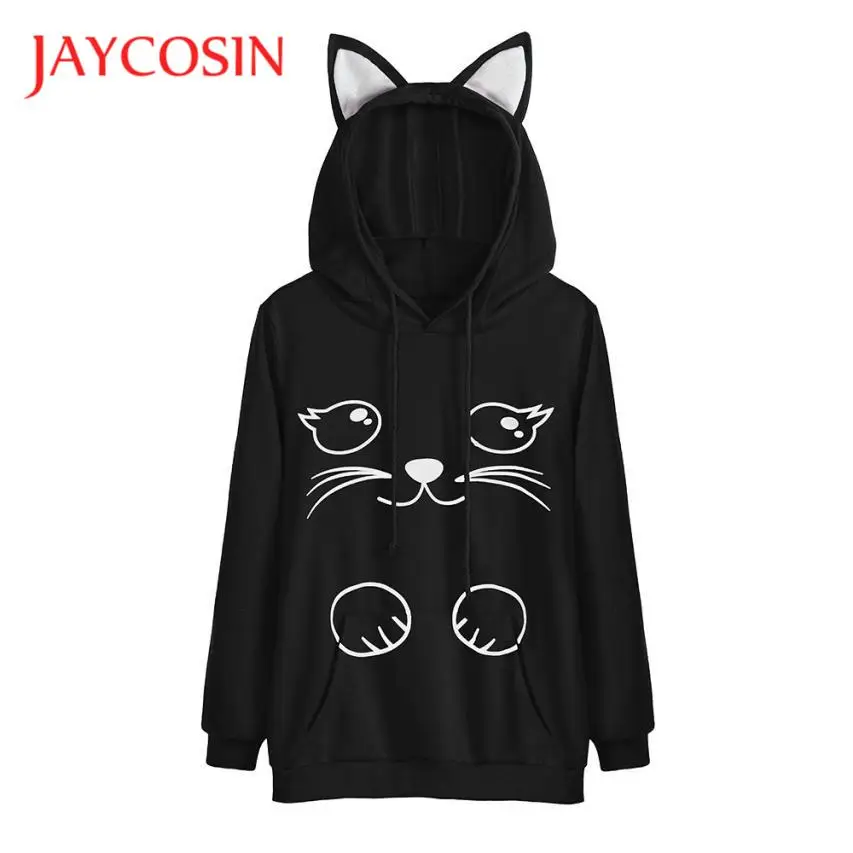 JAYCOSIN новый дизайн Женская толстовка с капюшоном милыми кошачьими ушками черный