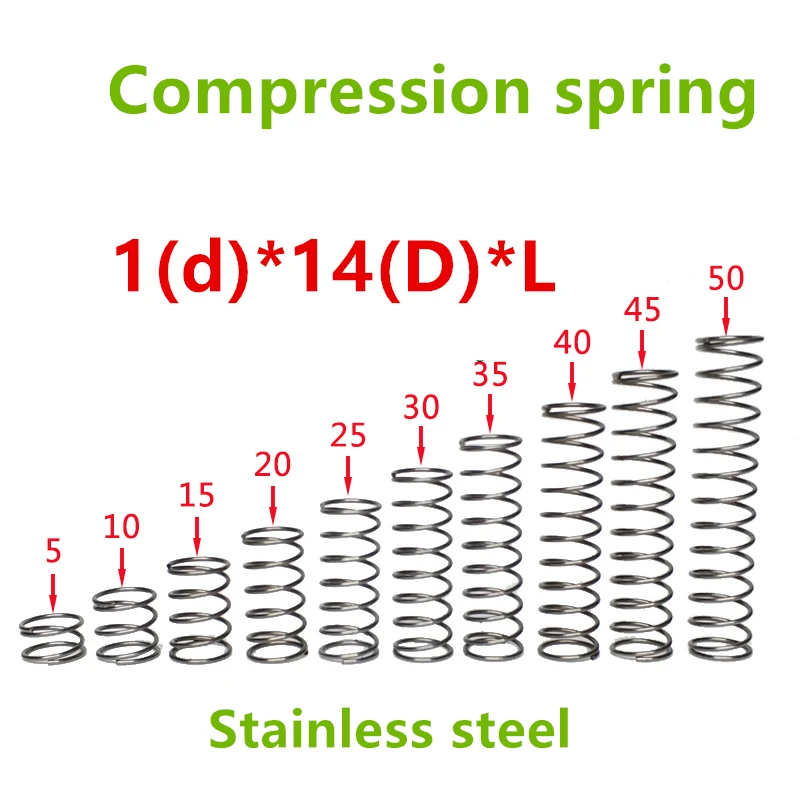 50pcs 1*14*(10/15/20/25/30/35/40/45/50) Stainless steel Series small spot spring wire compression pressure springs
50pcs 1*14*(10/15/20/25/30/35/40/45/50) Stainless steel Series small spot spring wire compression pressure springs