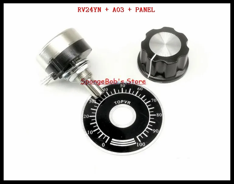 

10 Sets/Lot RV24YN 20S B501, B502, B503, B504 Ohm Single Turn Carbon Film Rotary Taper Potentiometer + A03 Knob + Panel