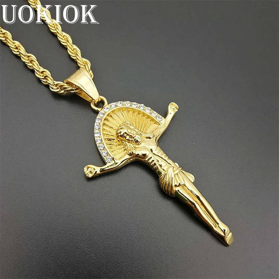 Hip Hop Iced Out Jesus Cross Pendant Necklace Male Gold Color Stainless Steel Crucifix Necklaces Religious Jewelry U1225
Hip Hop Iced Out Jesus Cross Pendant Necklace Male Gold Color Stainless Steel Crucifix Necklaces Religious Jewelry U1225