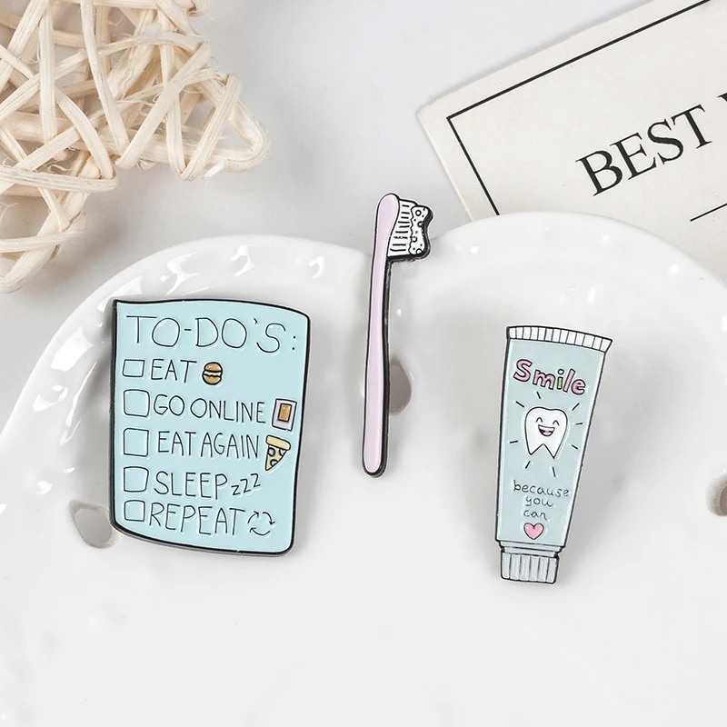 Cartoon Brooches Daily Supplies Enamel pins Toothpaste Toothbrush Schedule Badges Brooches Man Women Gift Jewelry for Children
Cartoon Brooches Daily Supplies Enamel pins Toothpaste Toothbrush Schedule Badges Brooches Man Women Gift Jewelry for Children