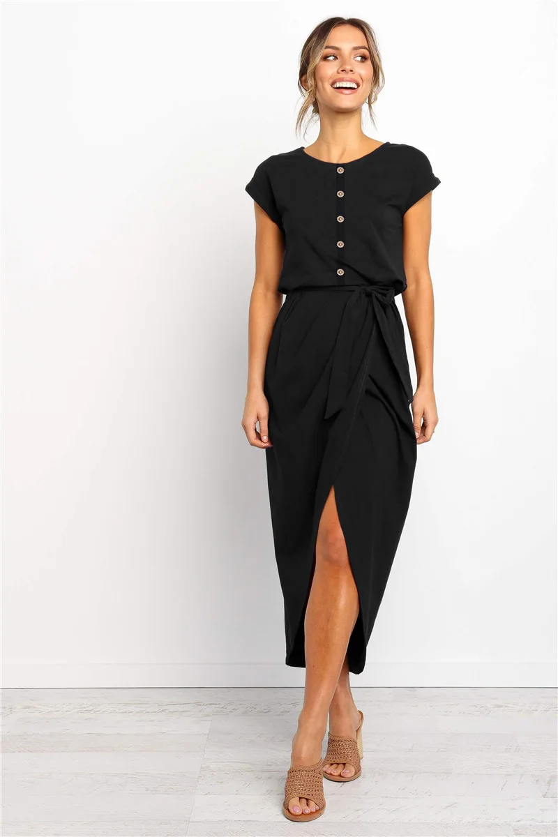 Slim Button One-Piece Dress Woman Casual Sexy Mid-Long Style Vestidos Mid Slit Irregular Solid Short Sleeve Summer Woman Dress
Slim Button One-Piece Dress Woman Casual Sexy Mid-Long Style Vestidos Mid Slit Irregular Solid Short Sleeve Summer Woman Dress