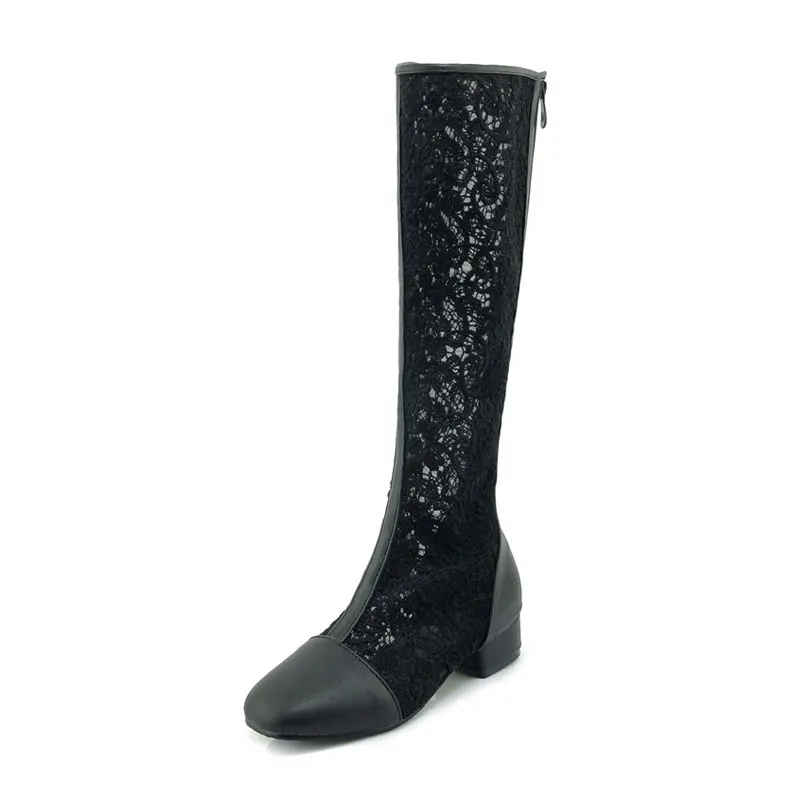 Fanyuan Fashion Women Knee High Boots Square heel Zipper Sexy Lace Mesh Boots Summer Cool Boots Breathable Women's shoes