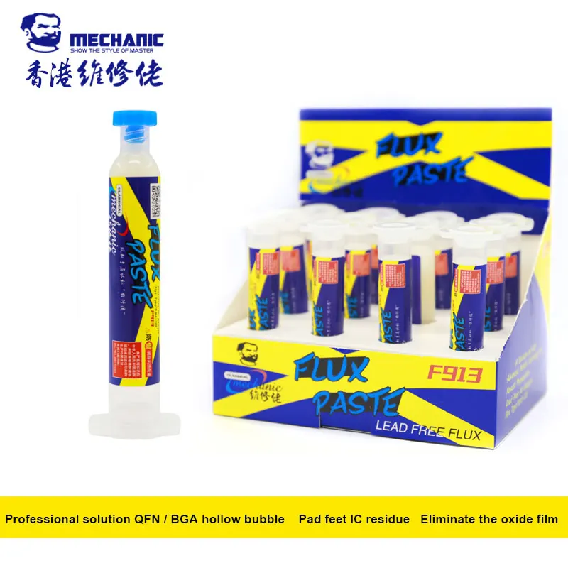 MECHANIC haligen-free F913 Welding Flux 10CC Soldering Auxiliar Paste For IPhone Chip PCB and BGA Repair dedicated flux paste
MECHANIC haligen-free F913 Welding Flux 10CC Soldering Auxiliar Paste For IPhone Chip PCB and BGA Repair dedicated flux paste