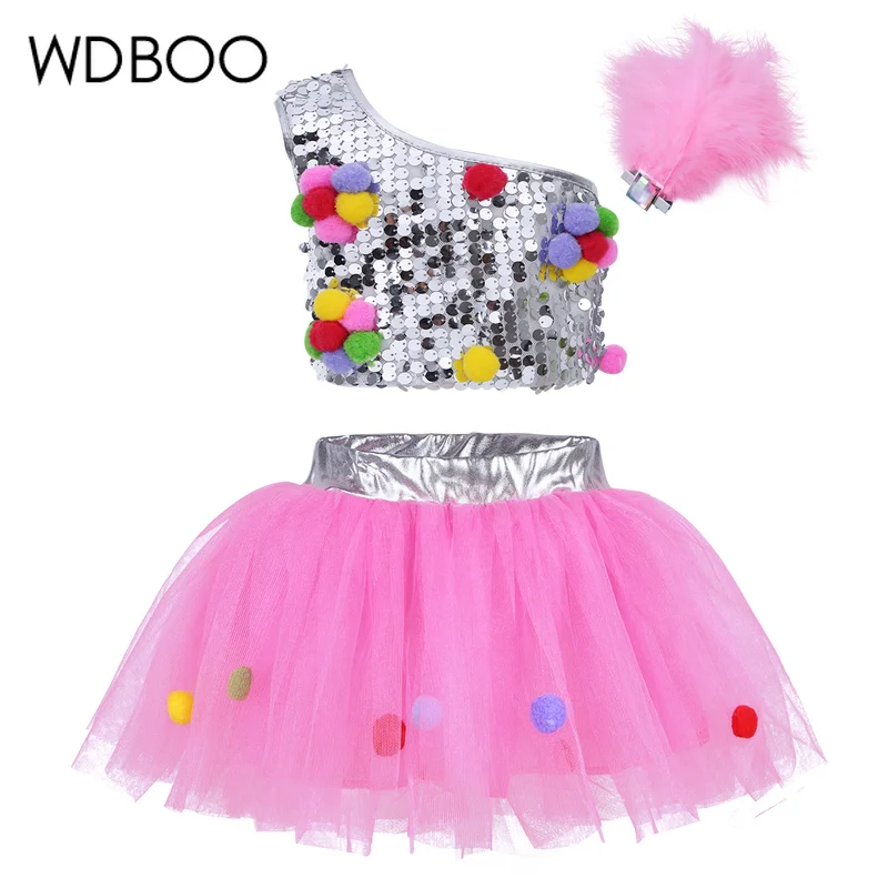 WDBOO/Новинка детский топ с помпоном и блестками для девочек комплект юбкой пачкой
