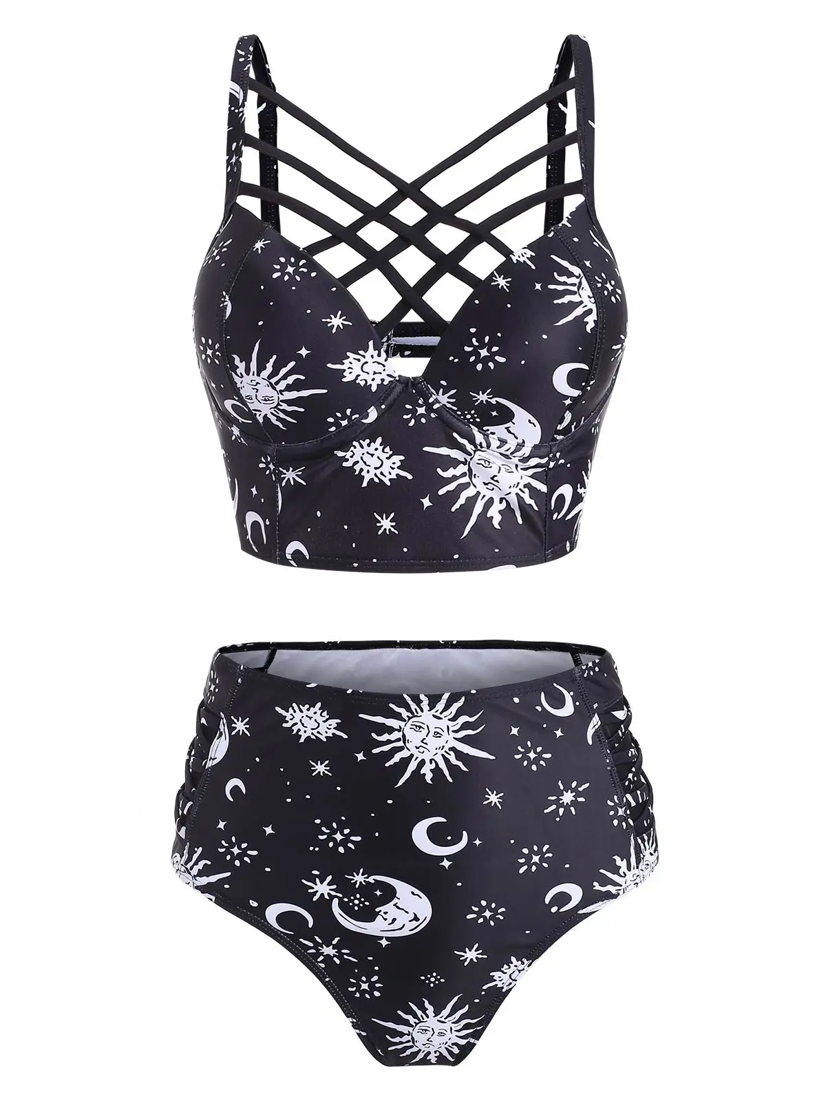 

Women Cute Sun Star Moon Lattice High Waisted Tankini Swimsuit Ladies Two Pieces Bathing Suit Casual Summer Beach Wear