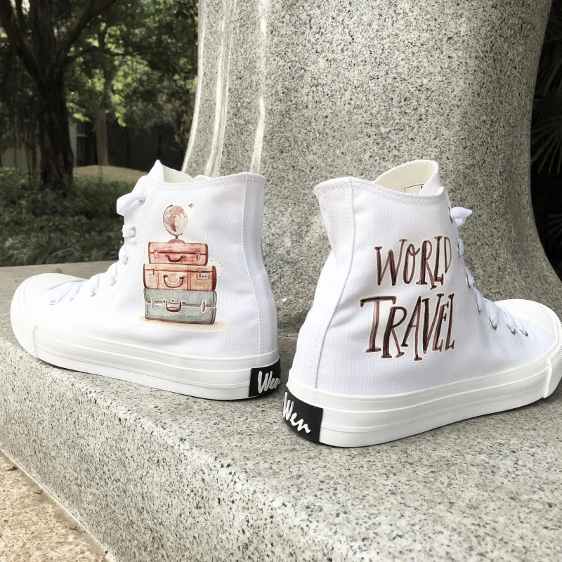 Wen Original Design WORLD TRAVEL Around the Earth with Luggage White High Top Canvas Skateboard Shoes Man Woman Flats Sneakers
Wen Original Design WORLD TRAVEL Around the Earth with Luggage White High Top Canvas Skateboard Shoes Man Woman Flats Sneakers