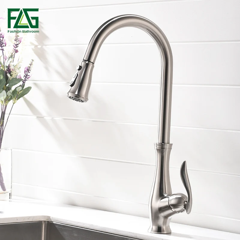 

FLG Kitchen Faucet Pull Out Brushed Nickel Sink Mixer Tap Swivel Spout Sink Faucet Swivel Brass Kitchen Faucets tap