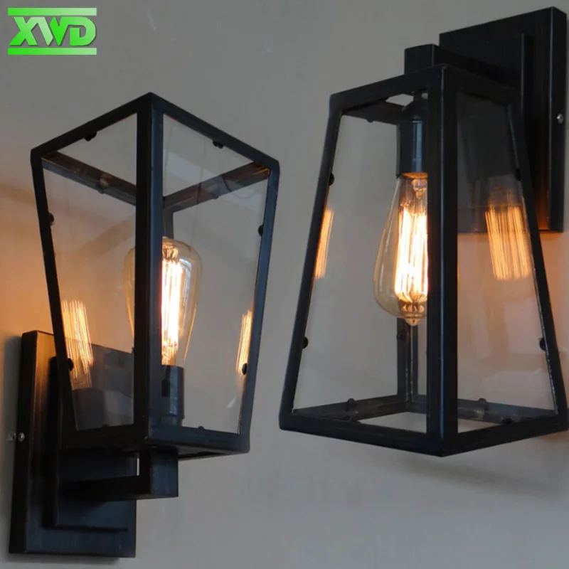 

American Glass Box Iron Wall Lamp E27 Lamp Holder Coffee House/Dining Hall/Foyer/Shop Vintage Indoor Lighting 110-240V