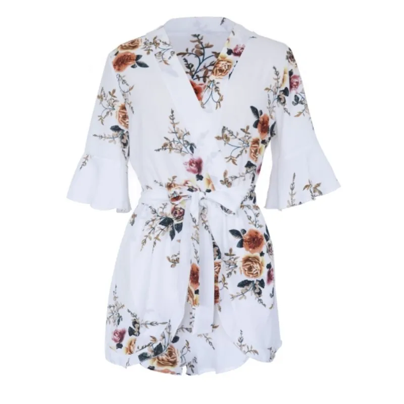 короткий комбинезон женский летний 2019 ромпер шорты с цветочным принтом пляжный